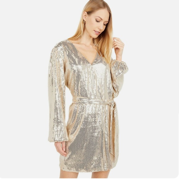 WAYF Champagne Gold Sequin Wrap Dress - Picture 3 of 8